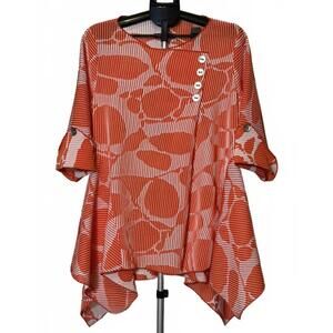 IC BY CONNIE K TUNIC XL RED WHITE ABSTRACT ART TO WEAR ASYMMETRIC SWING TOP NWOT